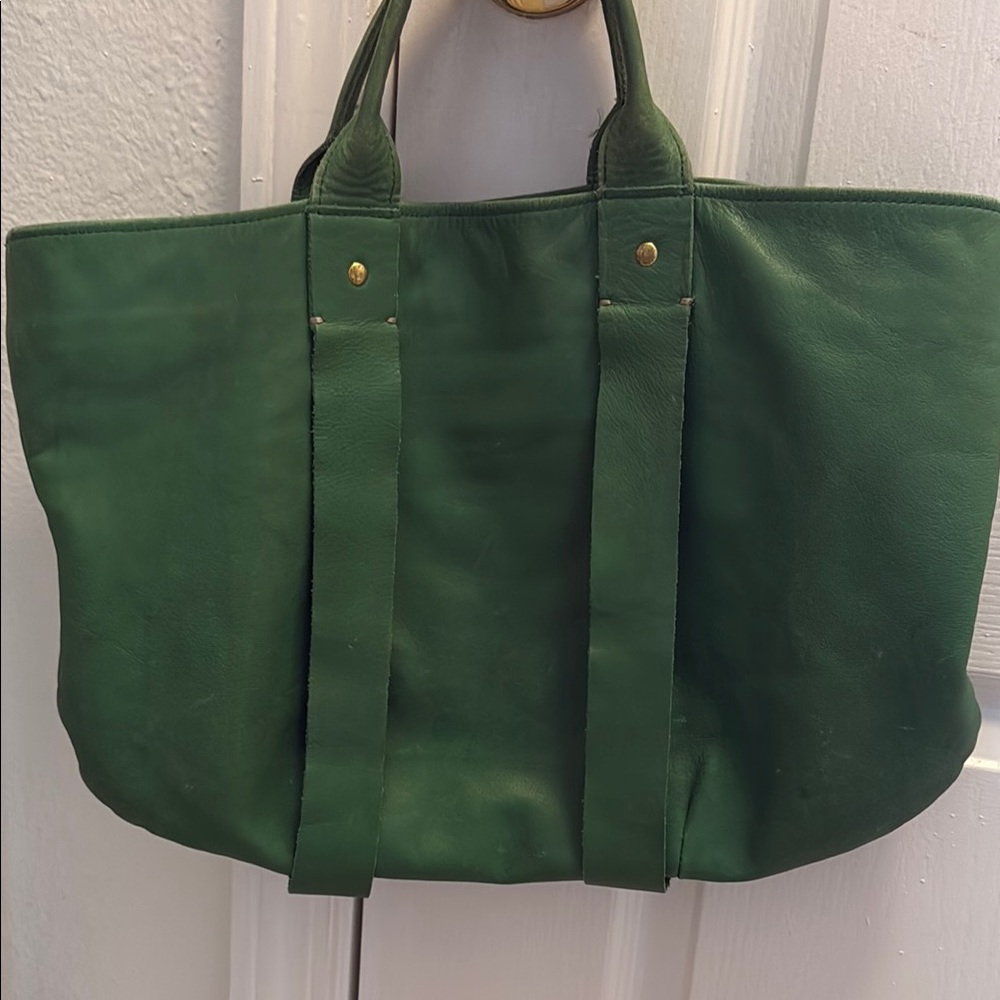Clare V Le Tropezienne Rare Green Leather Tote Bag Double Handle Slouched Design